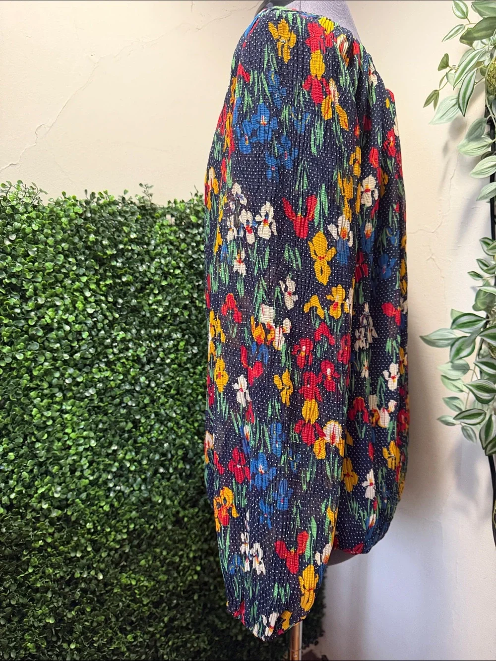 Tory Burch Navy Floral Tie-Neck Peasant Blouse with Tassels